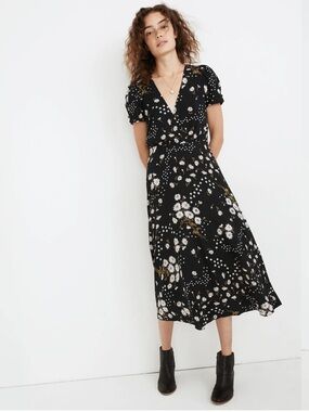 Madewell Puff-Sleeve Wrap-Front Midi Dress in Polka Daisies